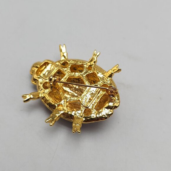 Vintage Ladybug Brooch Pin Gold Tone Red Enamel Black Dots Rhinestone Eyes - Picture 4 of 5